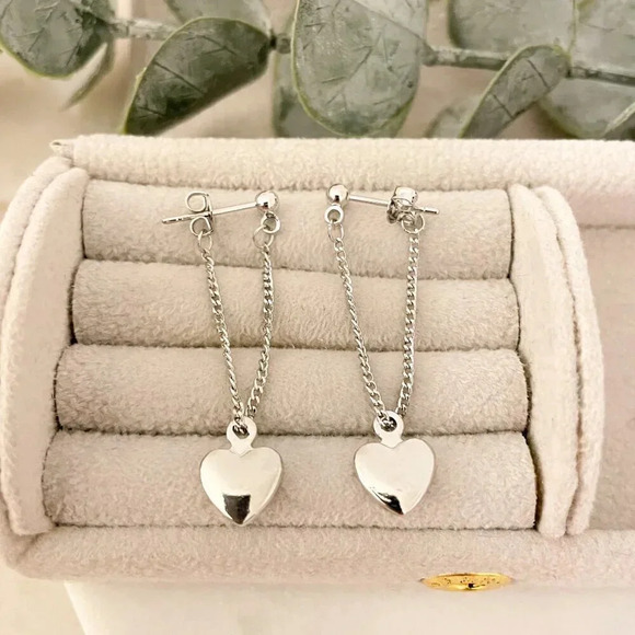 925 Sterling Silver Dangle Heart Chain Earrings Long Drop Heart Earrings - Picture 1 of 6